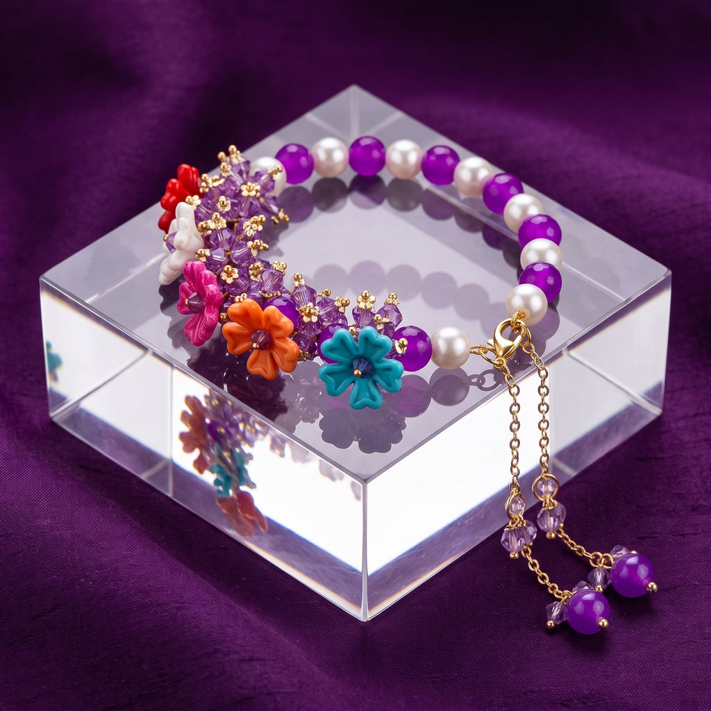 Royal Blossom Beaded Bracelet with Charm Dangles