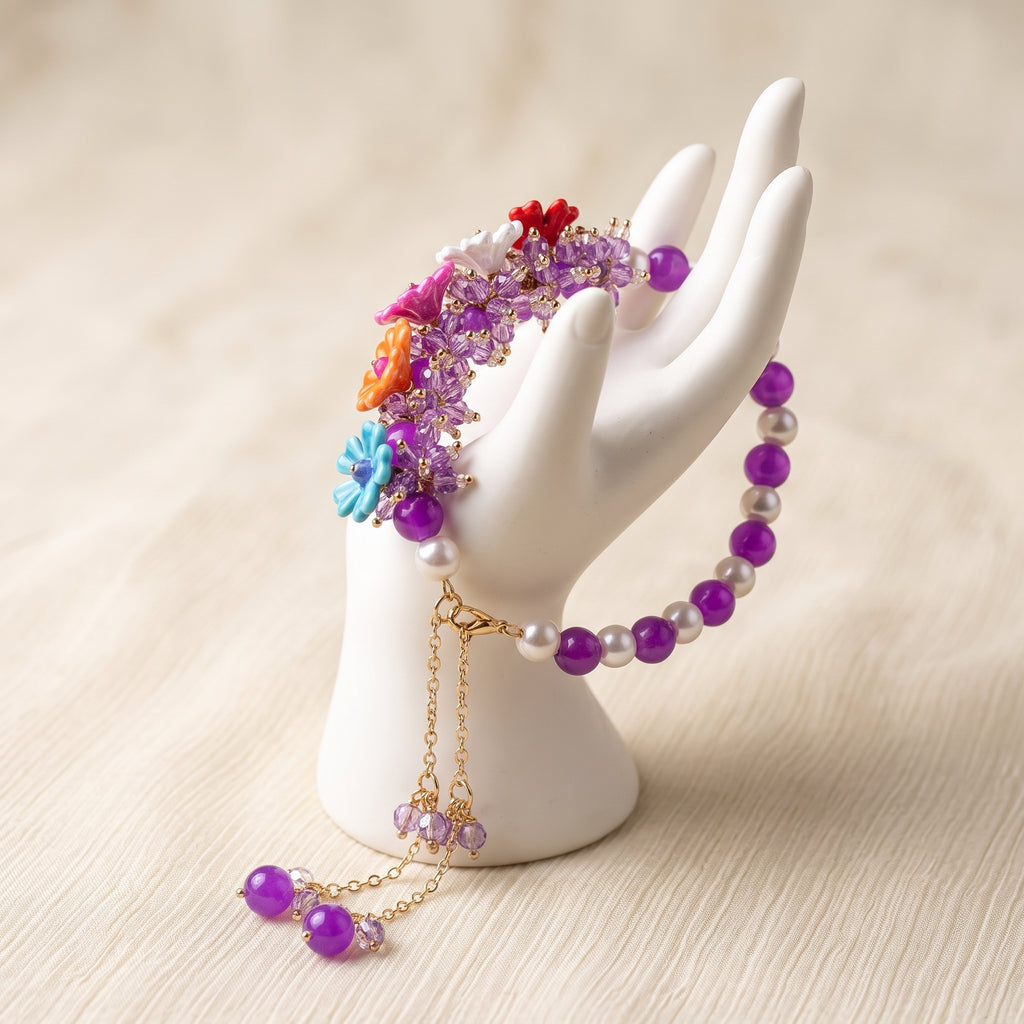 Royal Blossom Beaded Bracelet with Charm Dangles