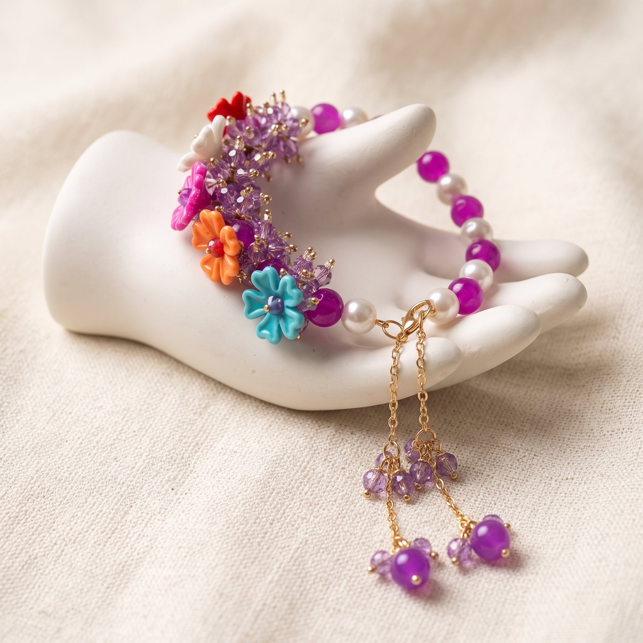 Royal Blossom Beaded Bracelet with Charm Dangles