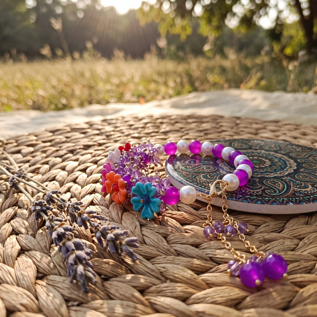 Royal Blossom Beaded Bracelet with Charm Dangles