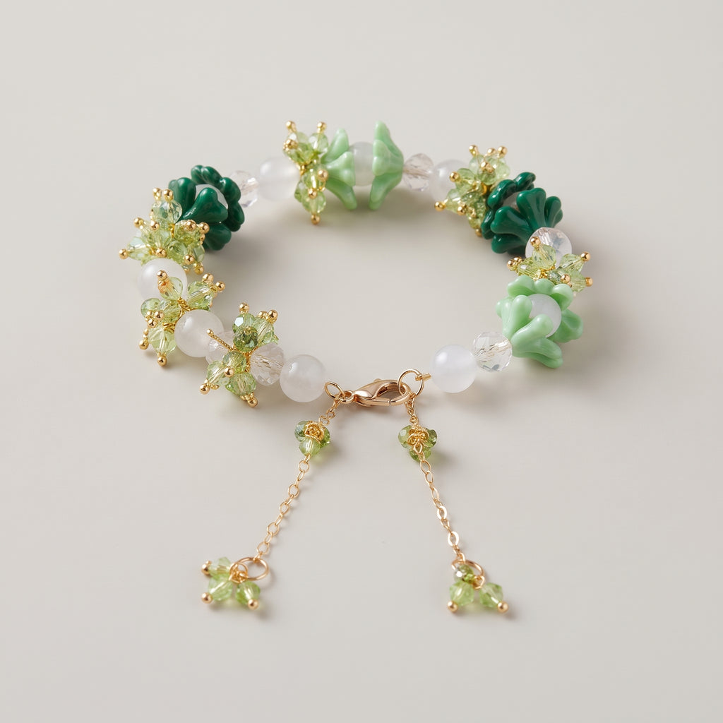Emerald & Mint Floral Dangle Beaded Bracelet