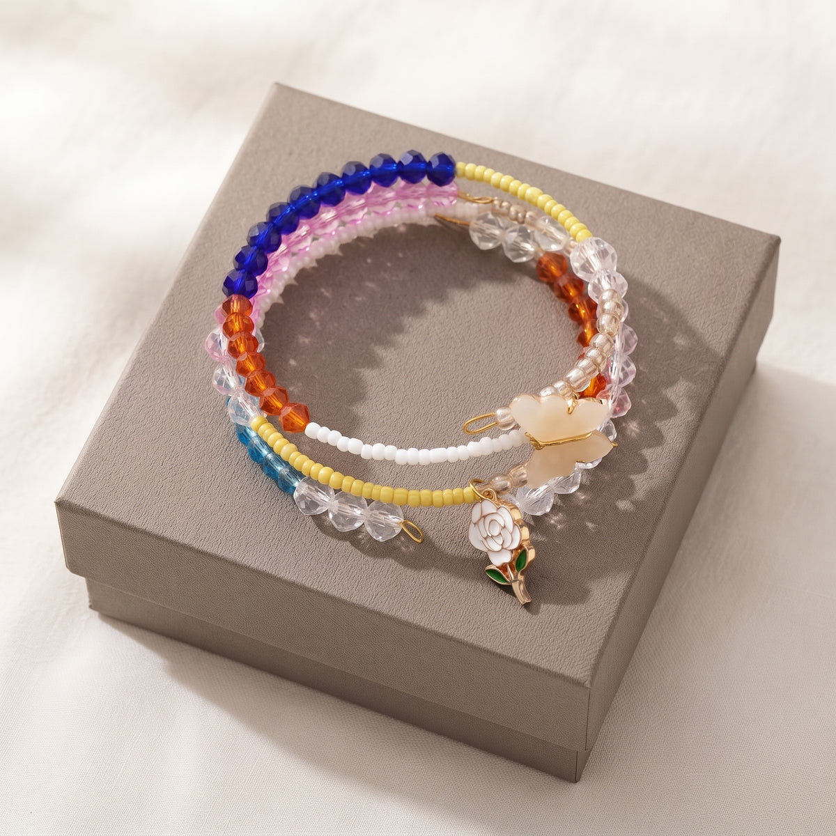 Multicolour Butterfly & Rose Beaded Wrap Bracelet