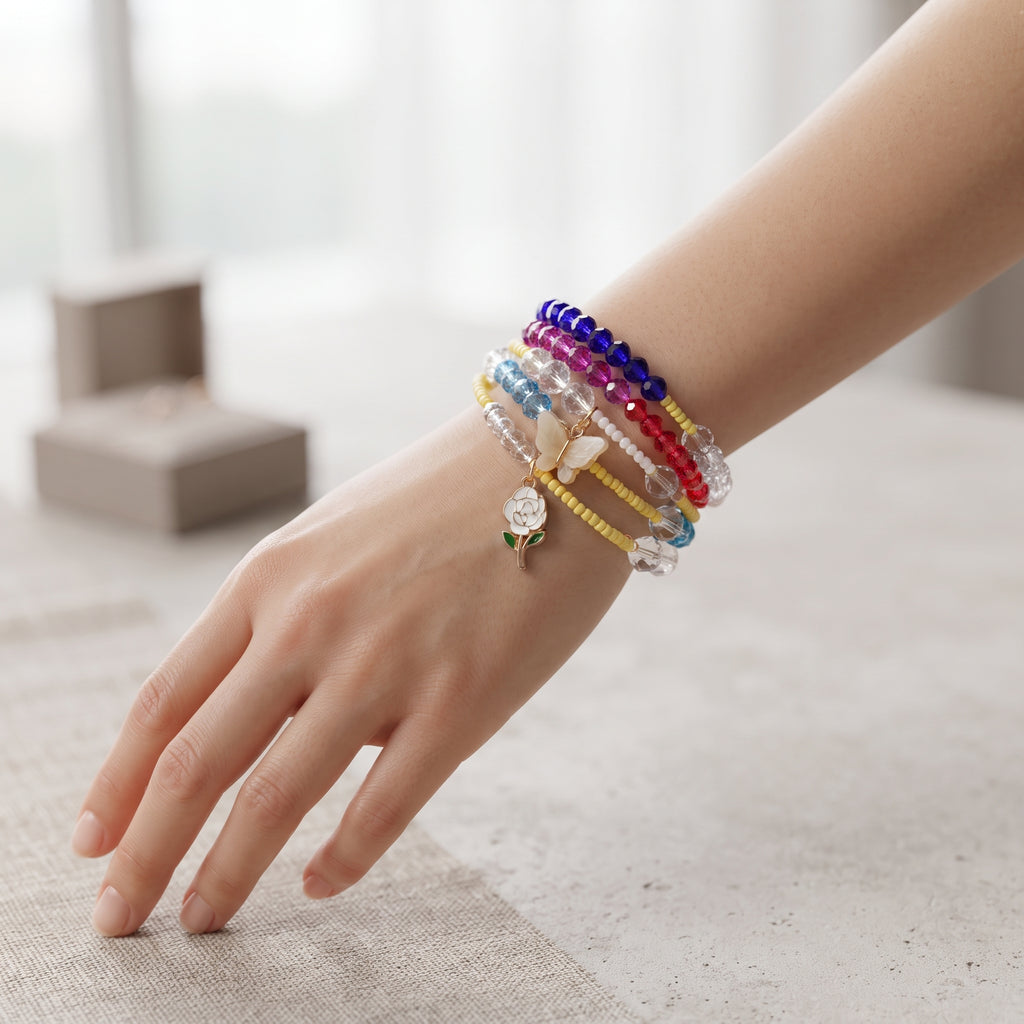 Multicolour Butterfly & Rose Beaded Wrap Bracelet