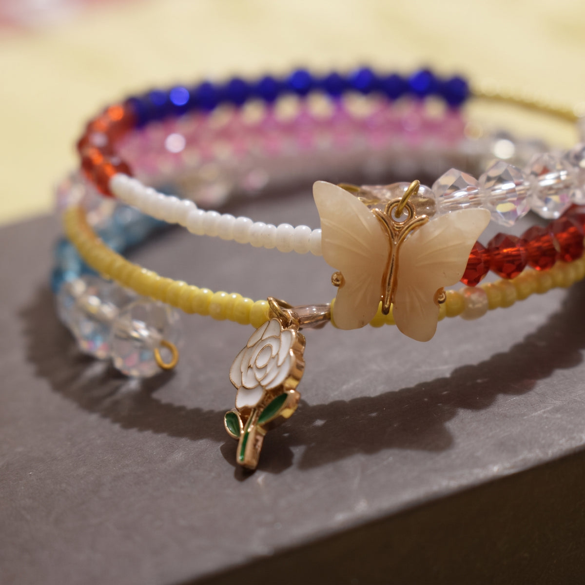 Multicolour Butterfly & Rose Beaded Wrap Bracelet
