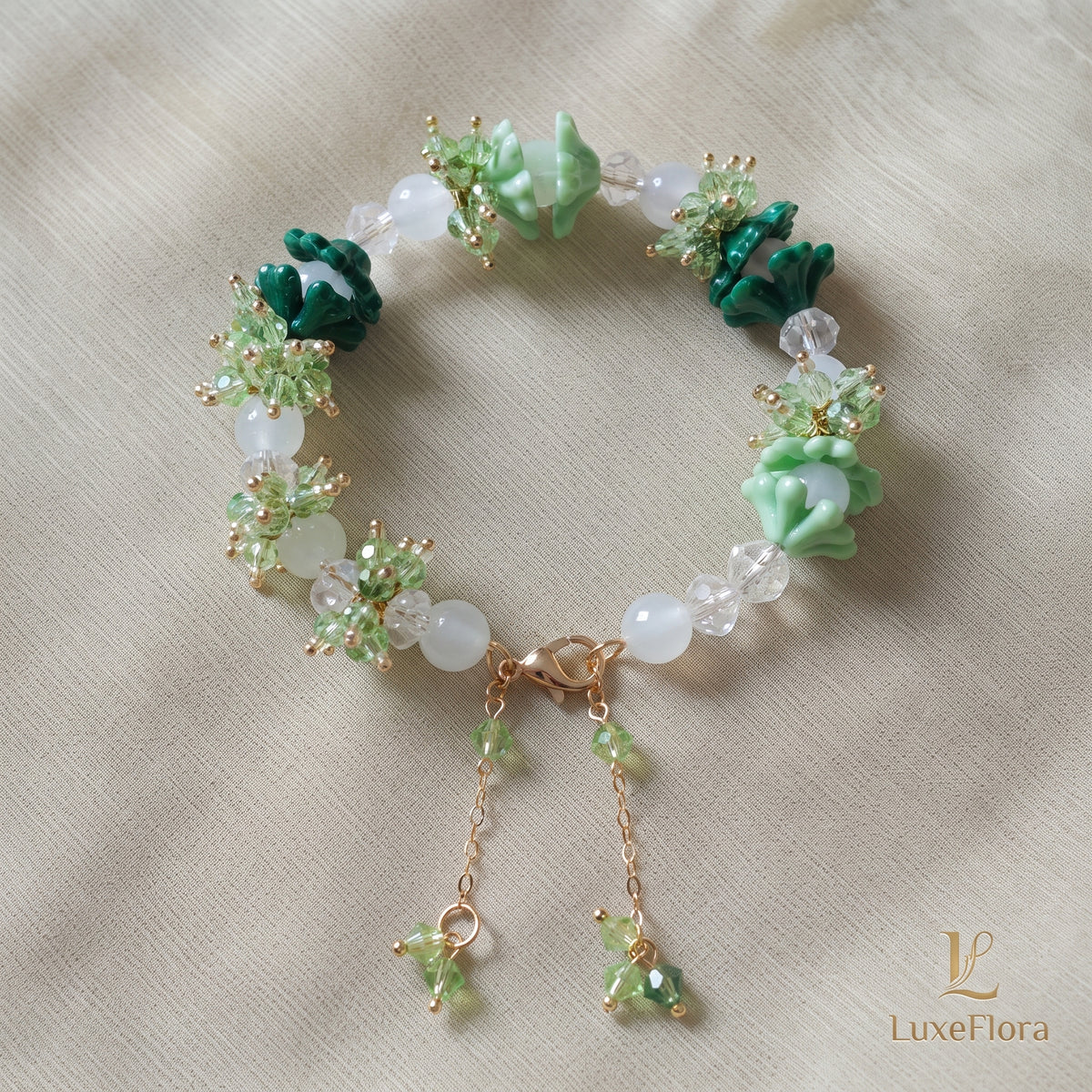 Emerald & Mint Floral Dangle Beaded Bracelet