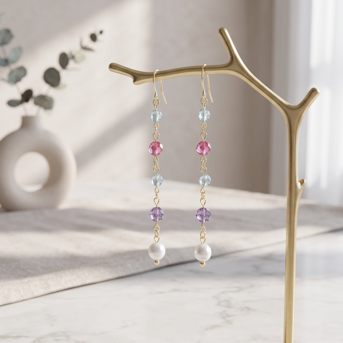 Multicolour Beaded Pearl Long Chain Dangle Earrings