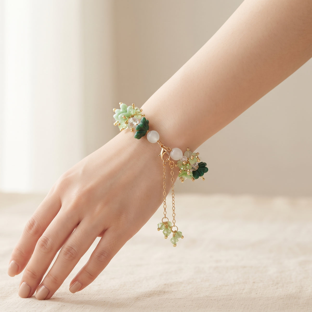 Emerald & Mint Floral Dangle Beaded Bracelet